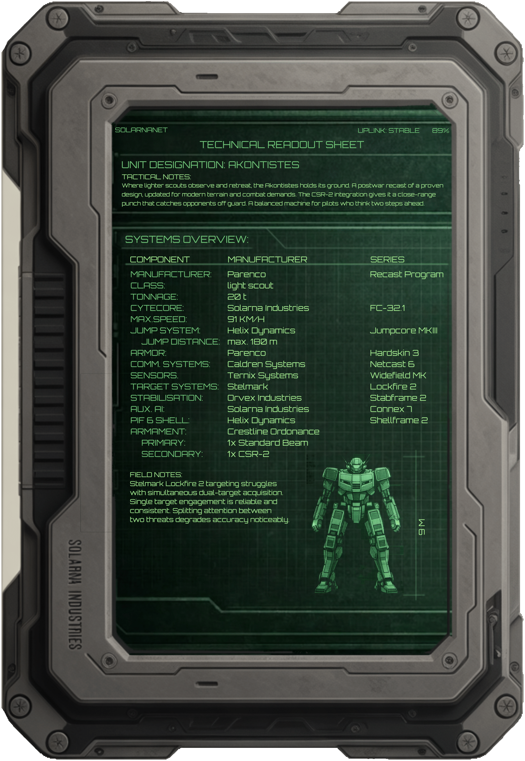 Akontistes technical datasheet displayed on an in-universe field tablet