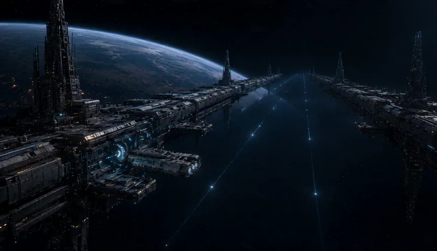 An Ascension Gate docking corridor extending above a settled world