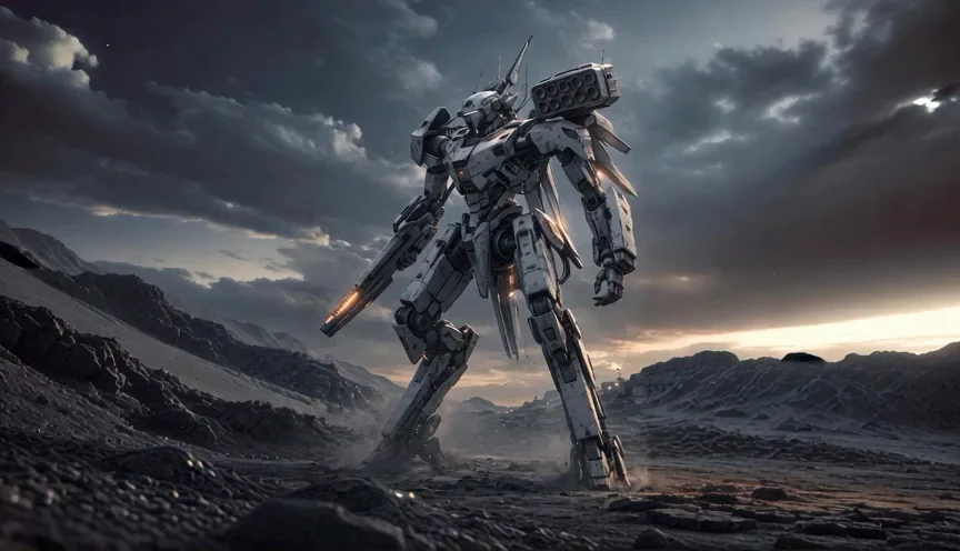 Bolistes combat machine deployed in open terrain beneath a storm front