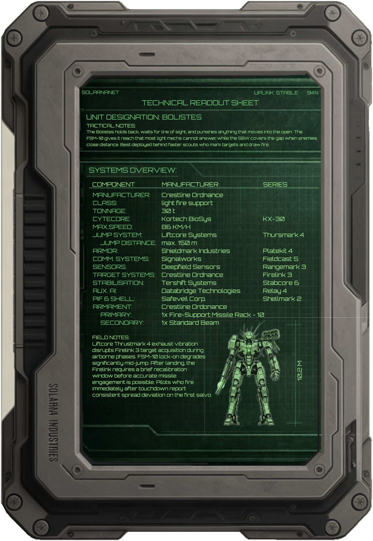 Bolistes technical datasheet displayed on an in-universe field tablet