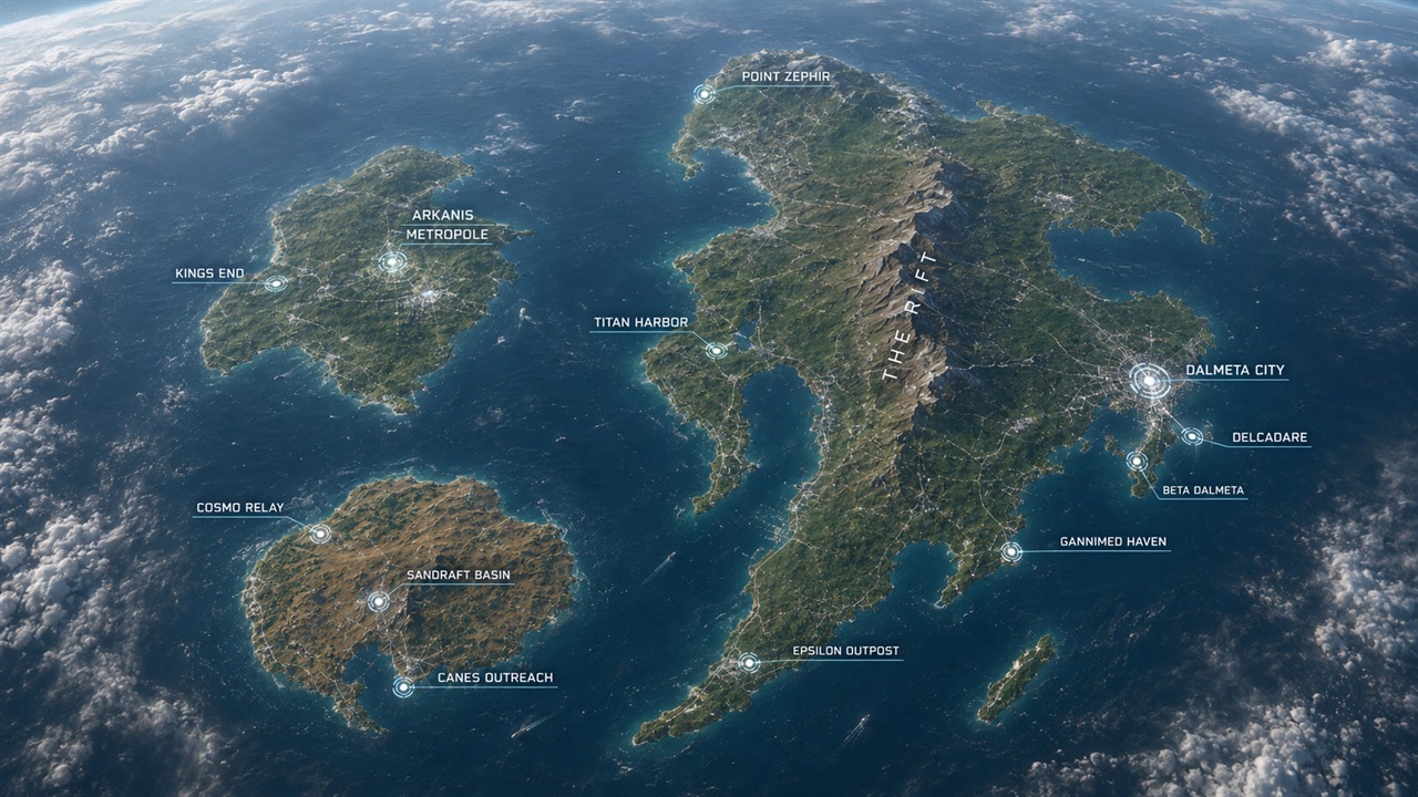 Orbital reconnaissance view of Cyndralis III and its principal documented locations