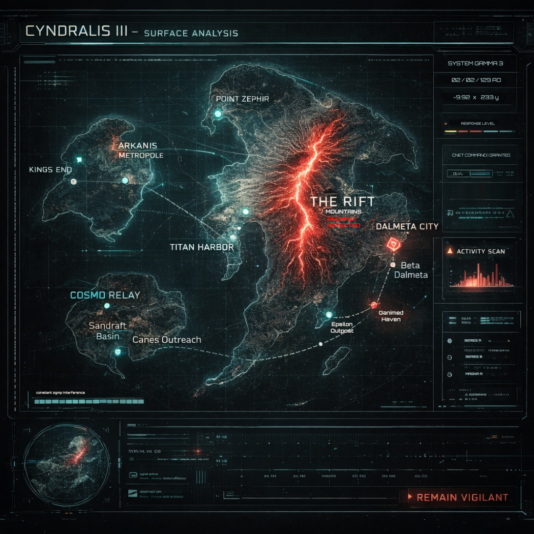 Cartographic map of Cyndralis III showing documented settlements, transport nodes and restricted zones