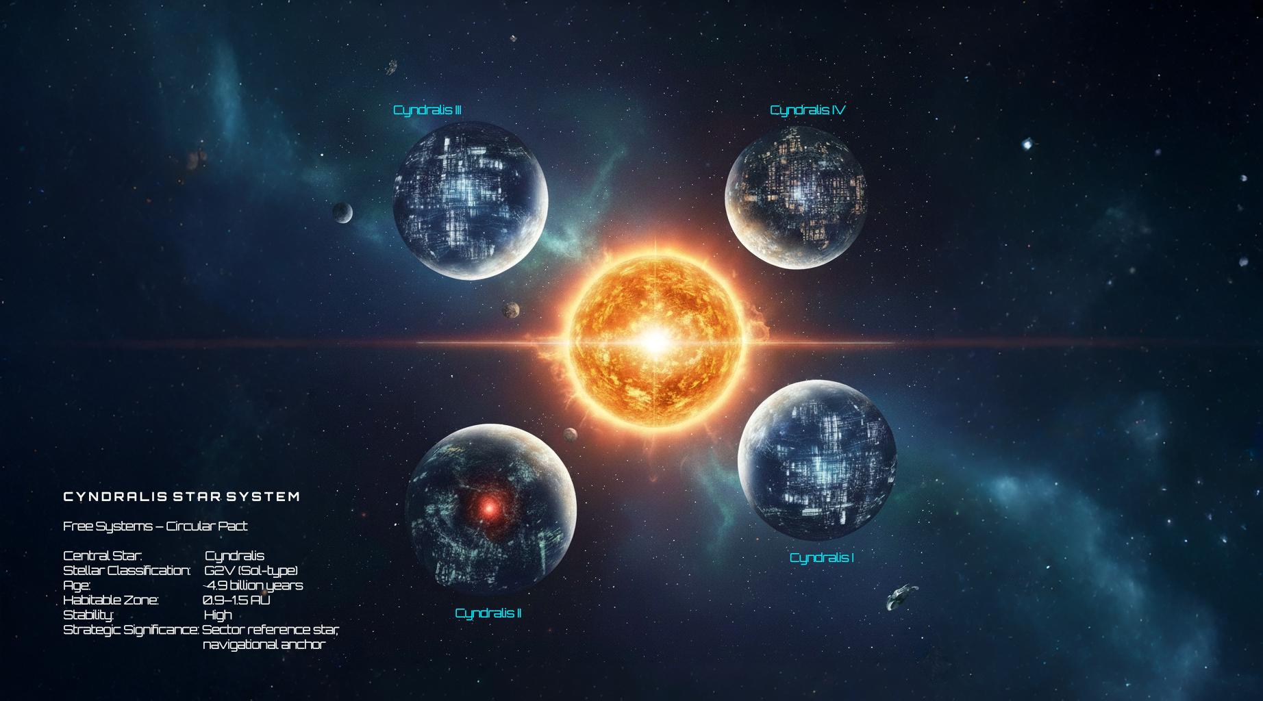 The four worlds of the Cyndralis System orbiting the central star