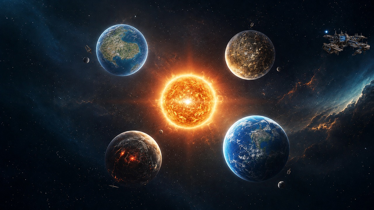 The four inhabited worlds of the Cyndralis System, four Ascension Gates and the system's Deep Relay Gate