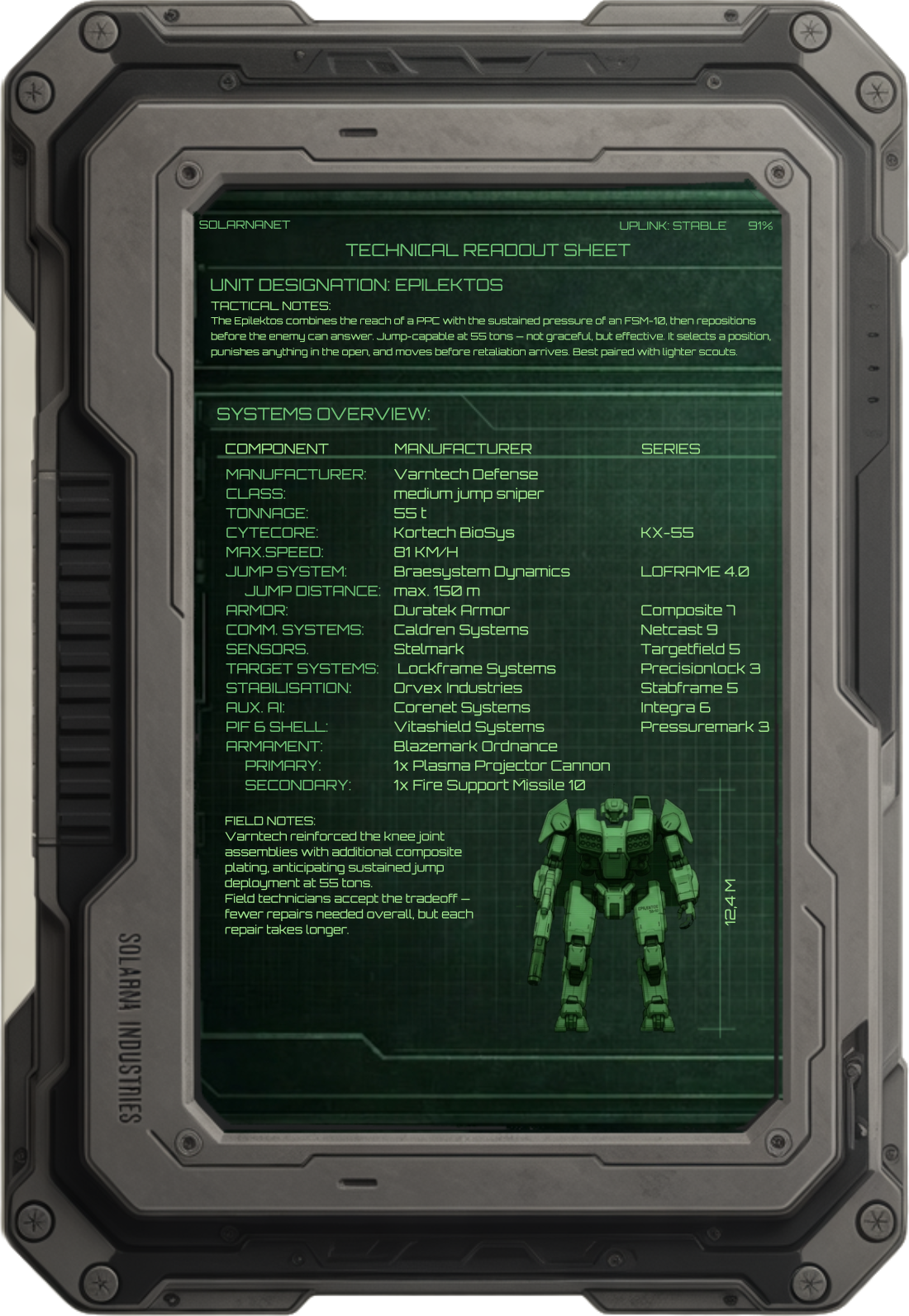 Epilektos technical datasheet displayed on an in-universe field tablet