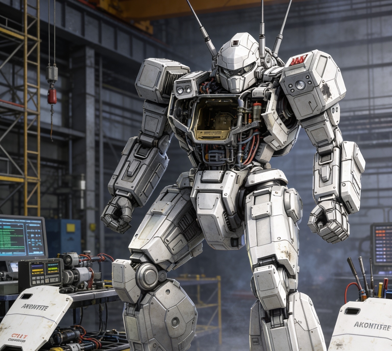 A white combat mech under construction in an industrial facility