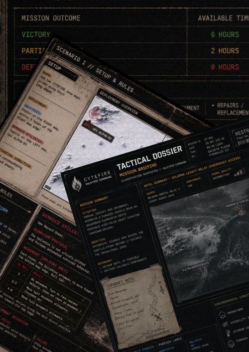 CYTEFIRE tactical dossiers, scenario rules and mission records