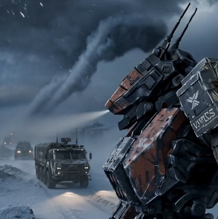 A combat machine leading vehicles through a snowbound operation