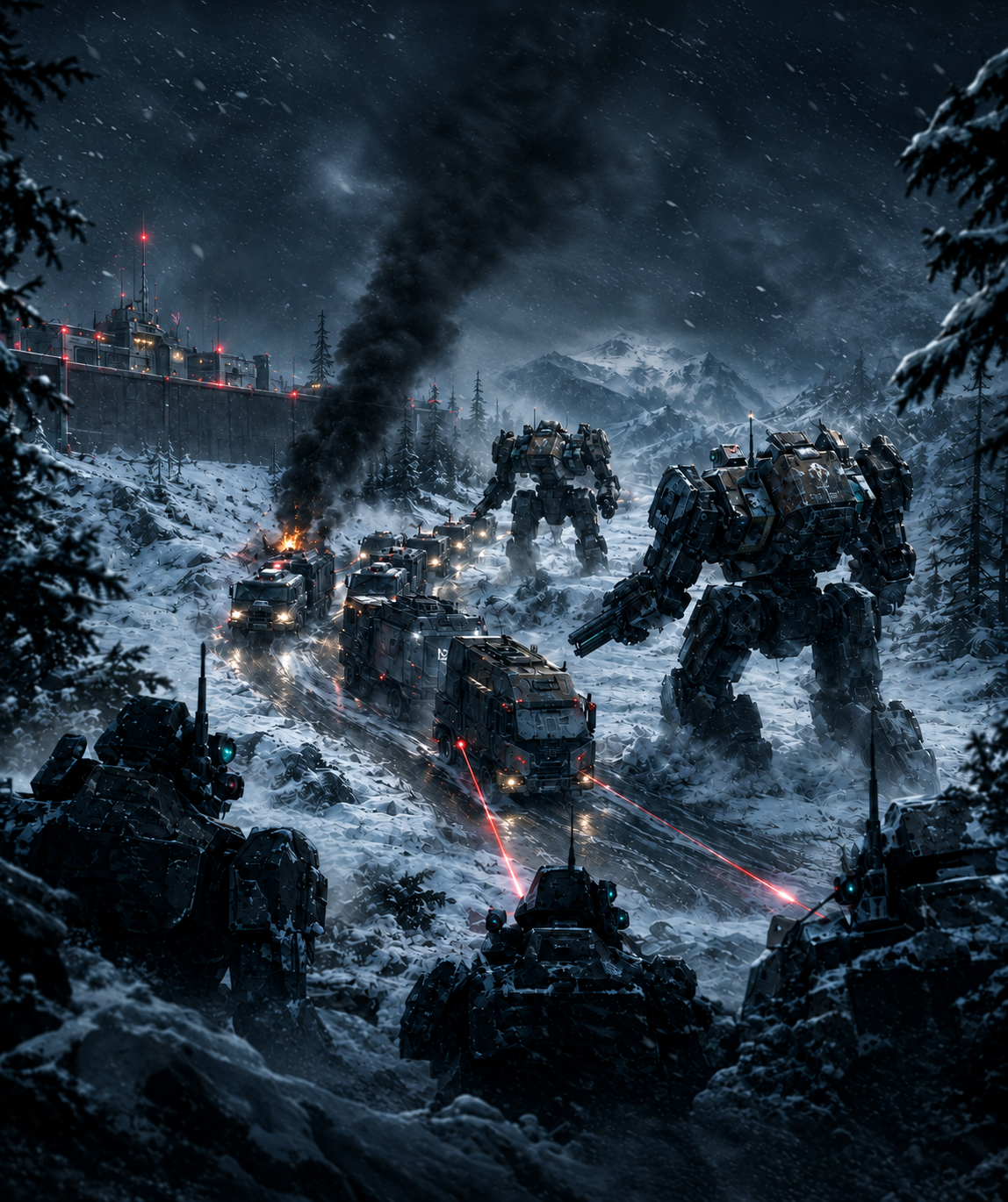 Combat machines advancing through a snowy battlefield