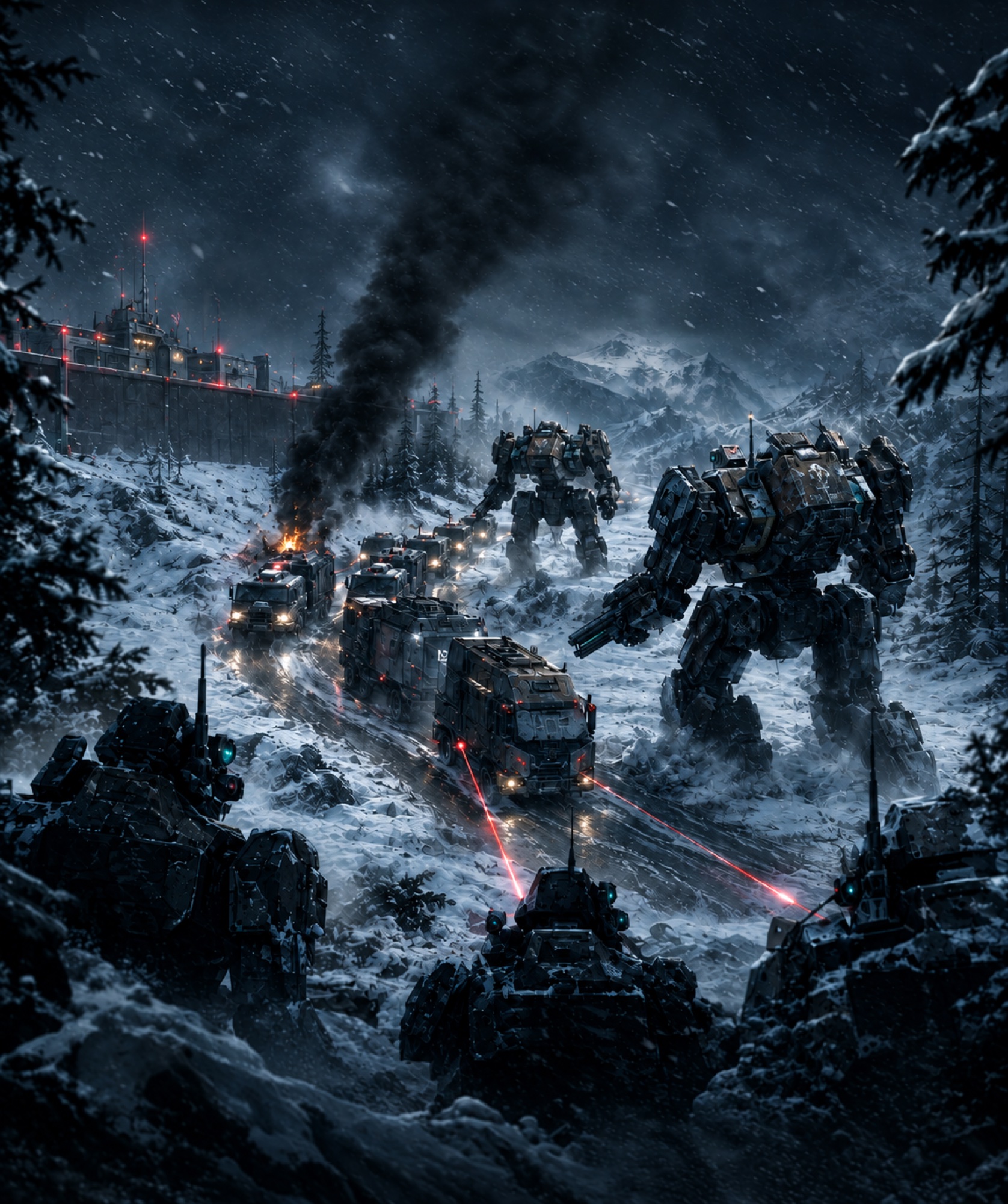 Combat machines advancing through a snowy battlefield