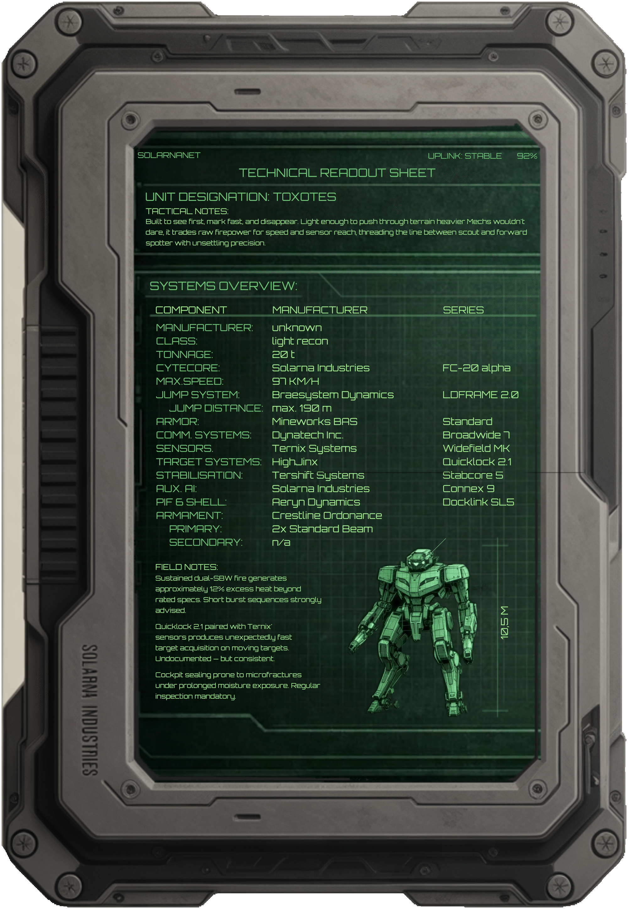 Toxotes technical datasheet displayed on an in-universe field tablet