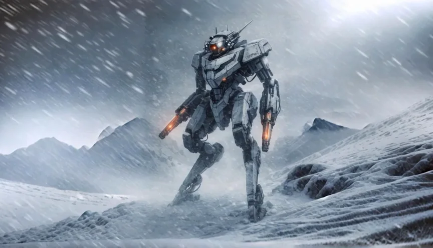 The Toxotes light recon combat frame crossing a snowbound mountain field