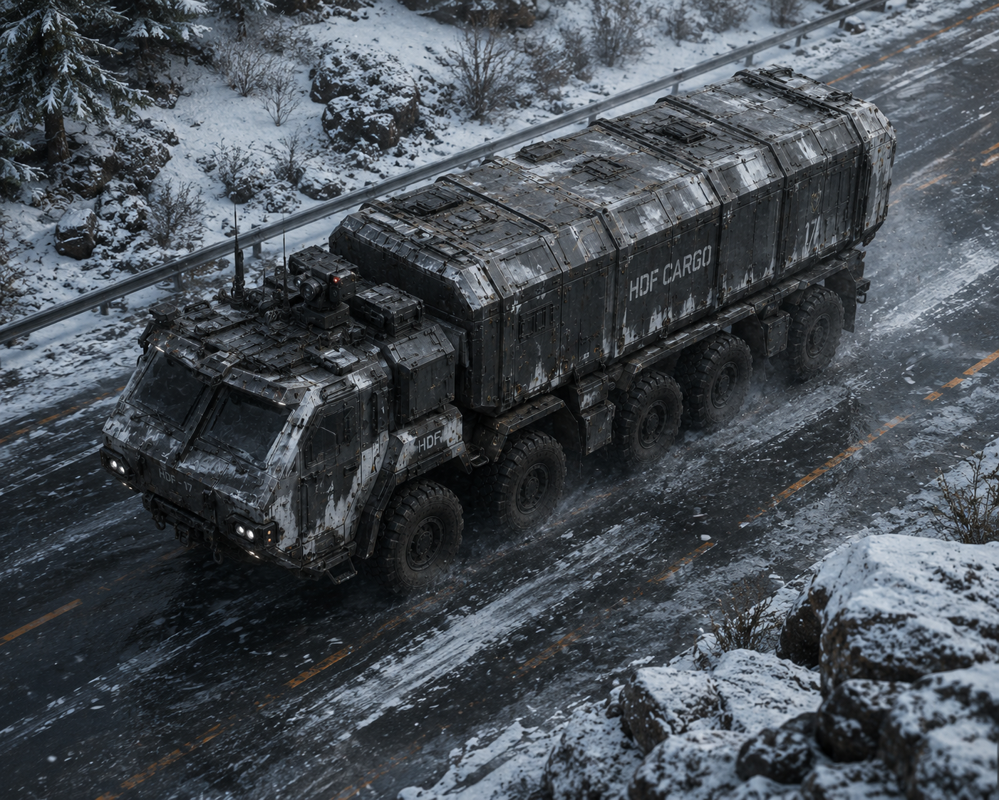 An armored cargo hauler traveling along a frozen mountain road