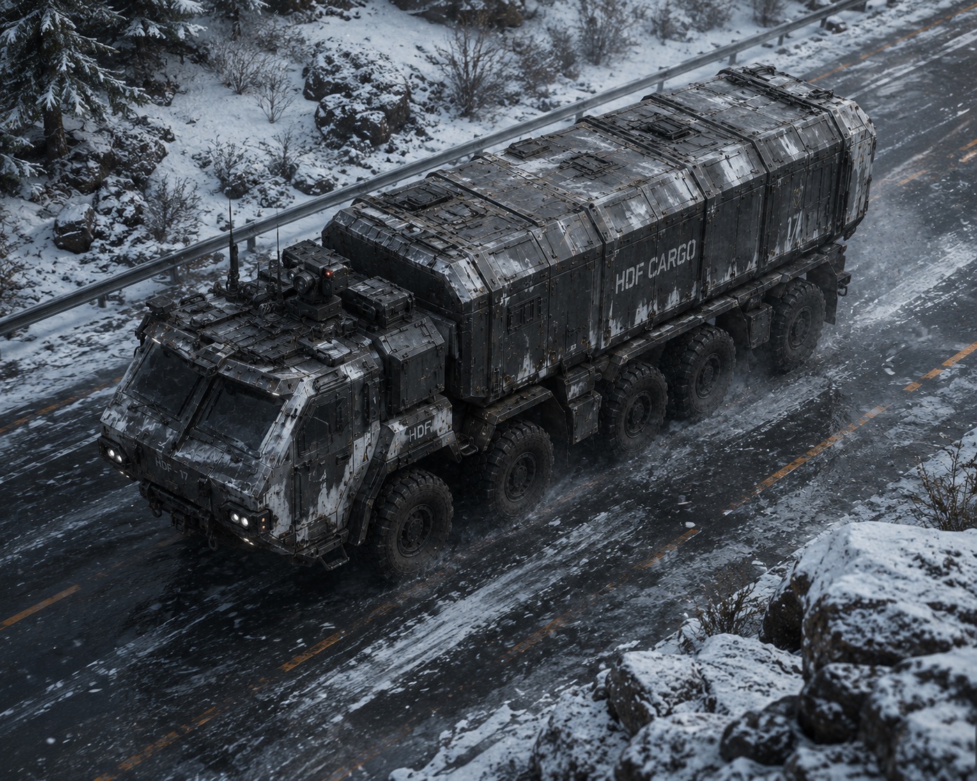 An armored cargo hauler traveling along a frozen mountain road