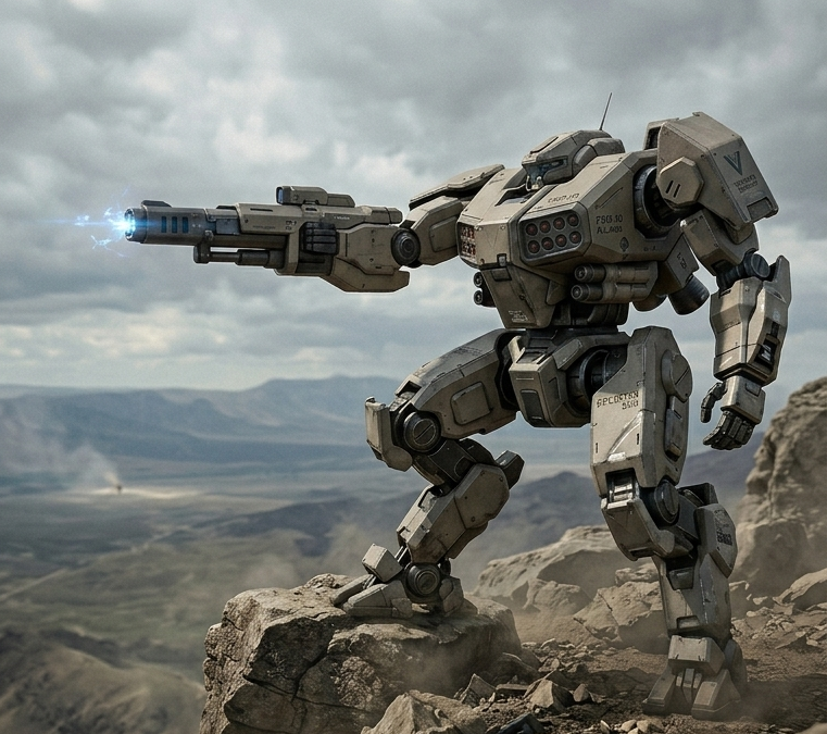An Epilektos combat mech standing in a rocky mountain environment