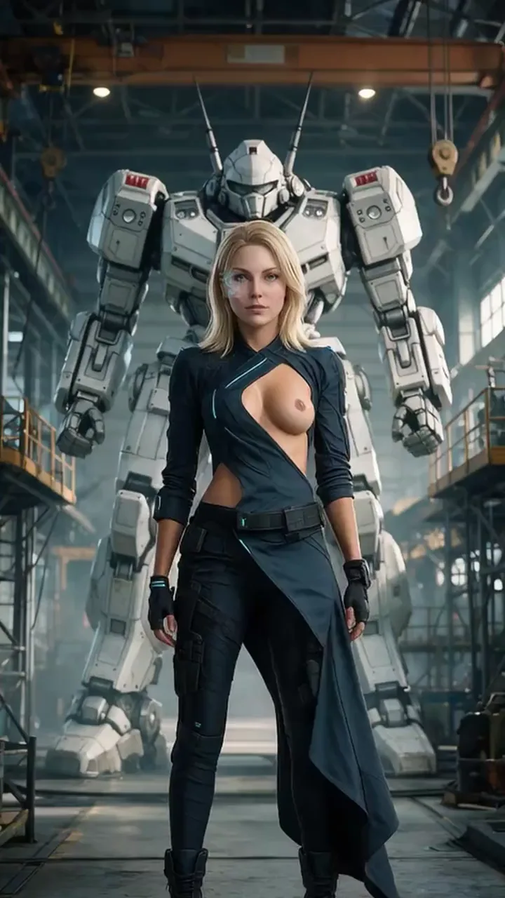 Valentina Embers standing with Akontistes in the Rift hangar