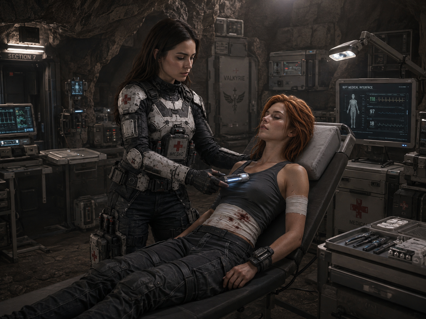 Isabella Fyrn treating Aurora in the Rift medical station