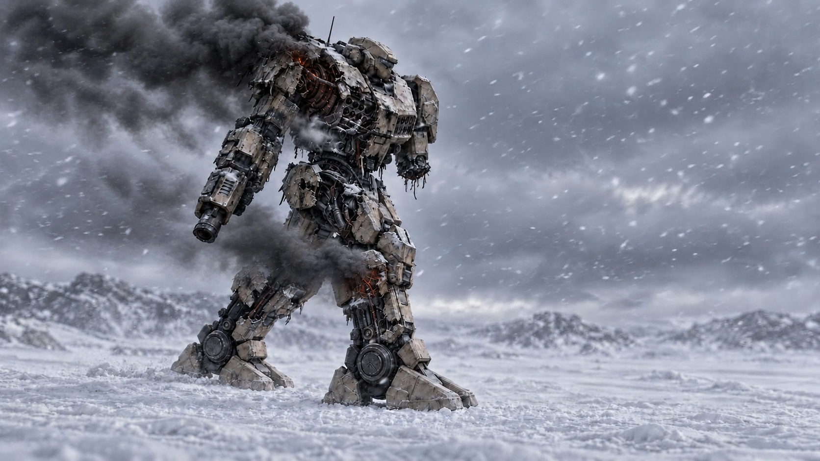 A damaged Epilektos crossing the frozen wilderness in a storm