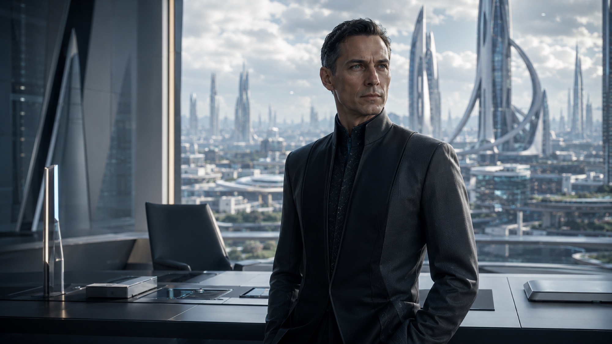 Krastan Vel Orun standing in his office above Dalmeta City