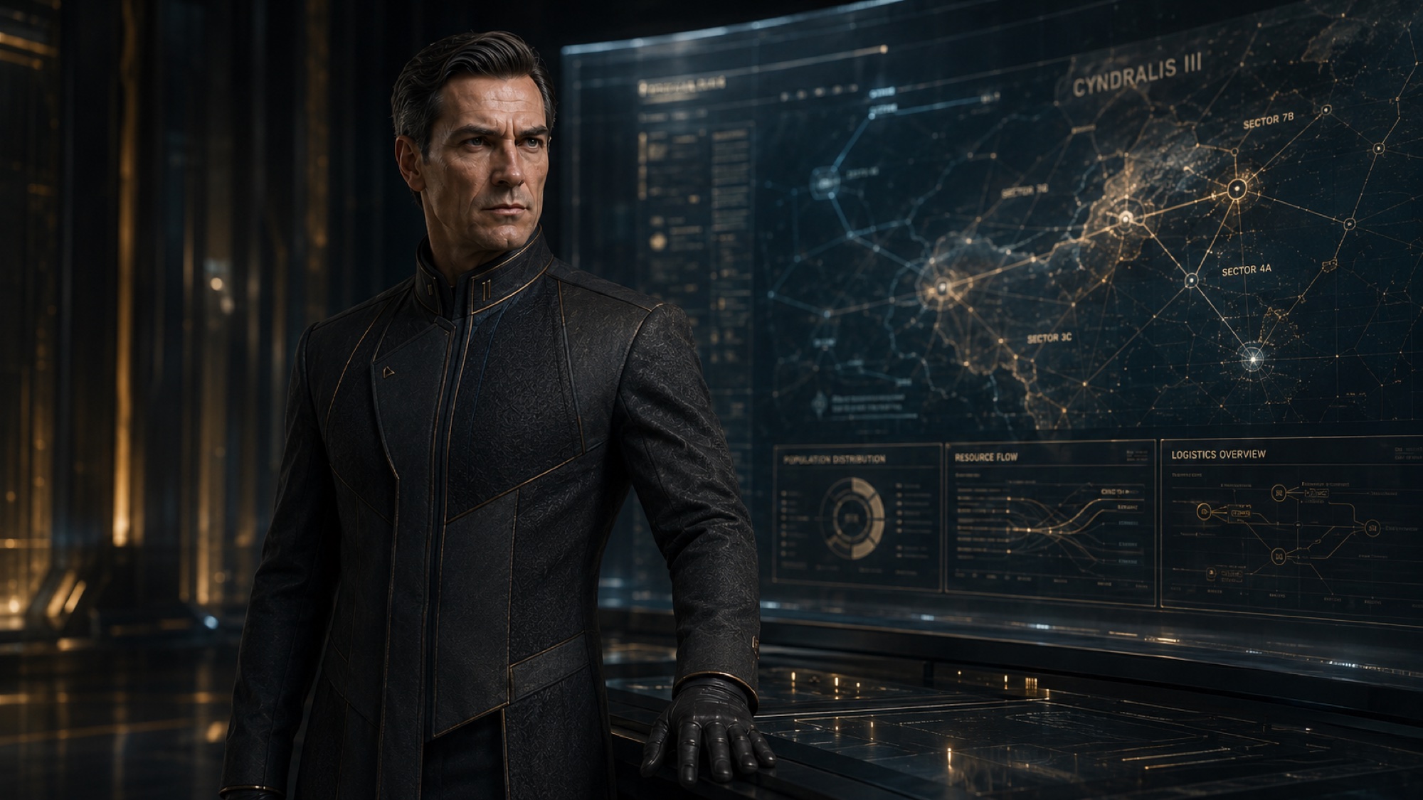 Krastan Vel Orun reviewing a strategic map of Cyndralis III