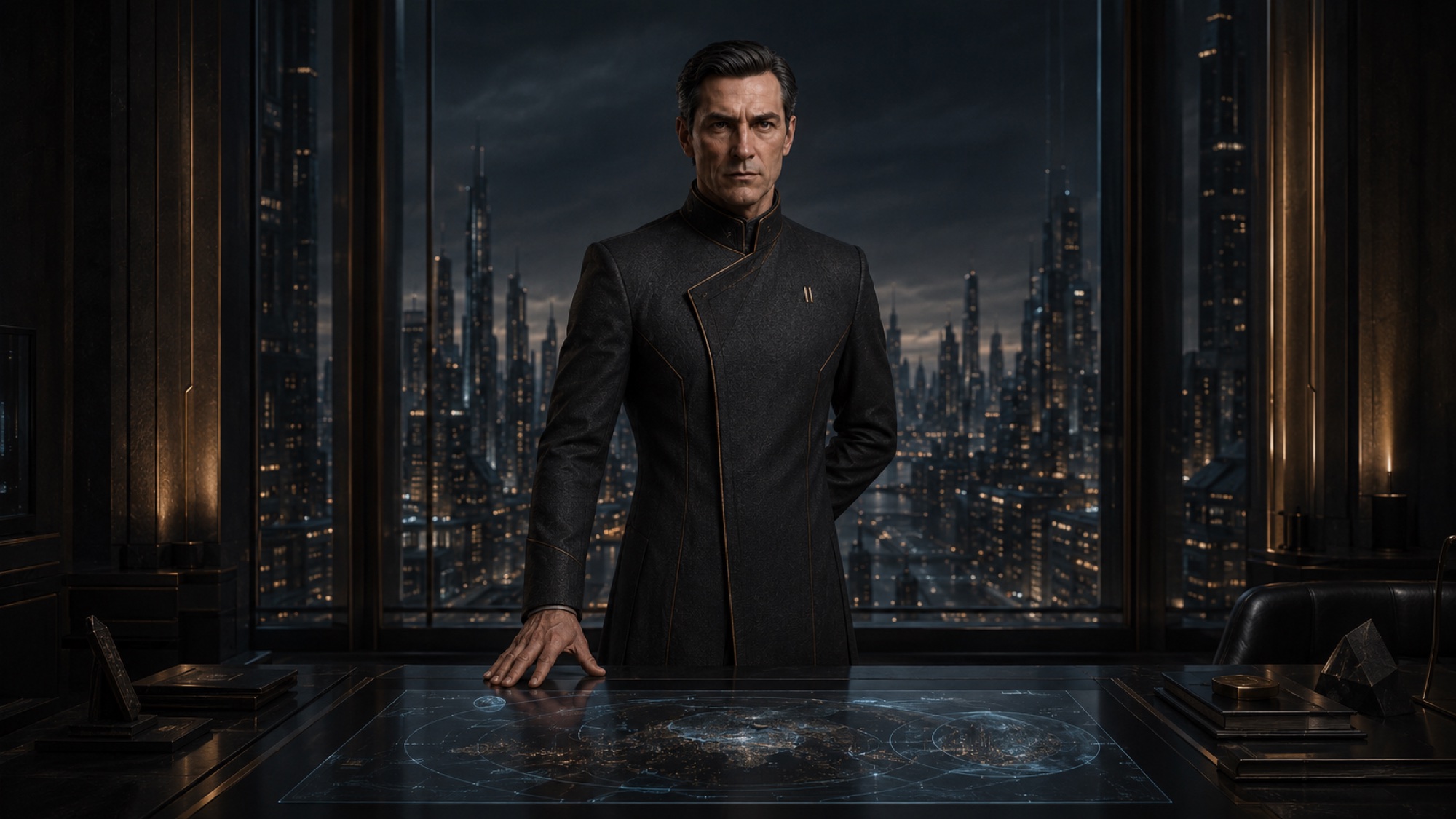 Krastan Vel Orun directing strategy before a planetary operations display