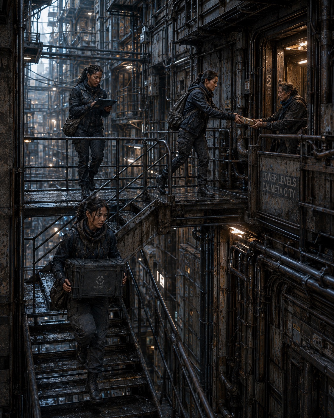 Street Runners navigating the stacked walkways of Dalmeta City's Lower Levels