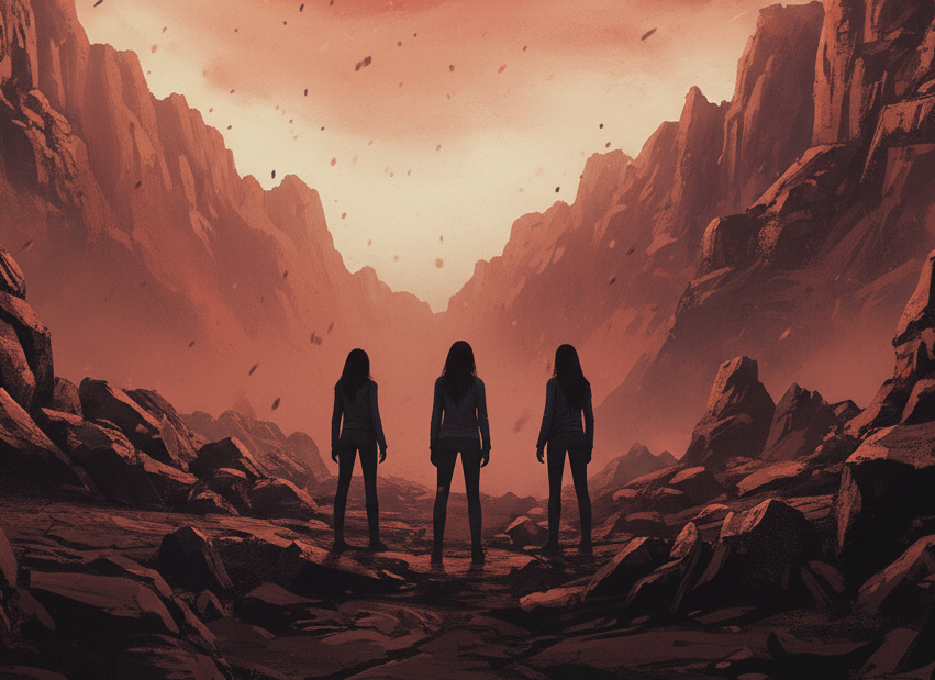 Three Valkyries standing in the rocky expanse of the Rift
