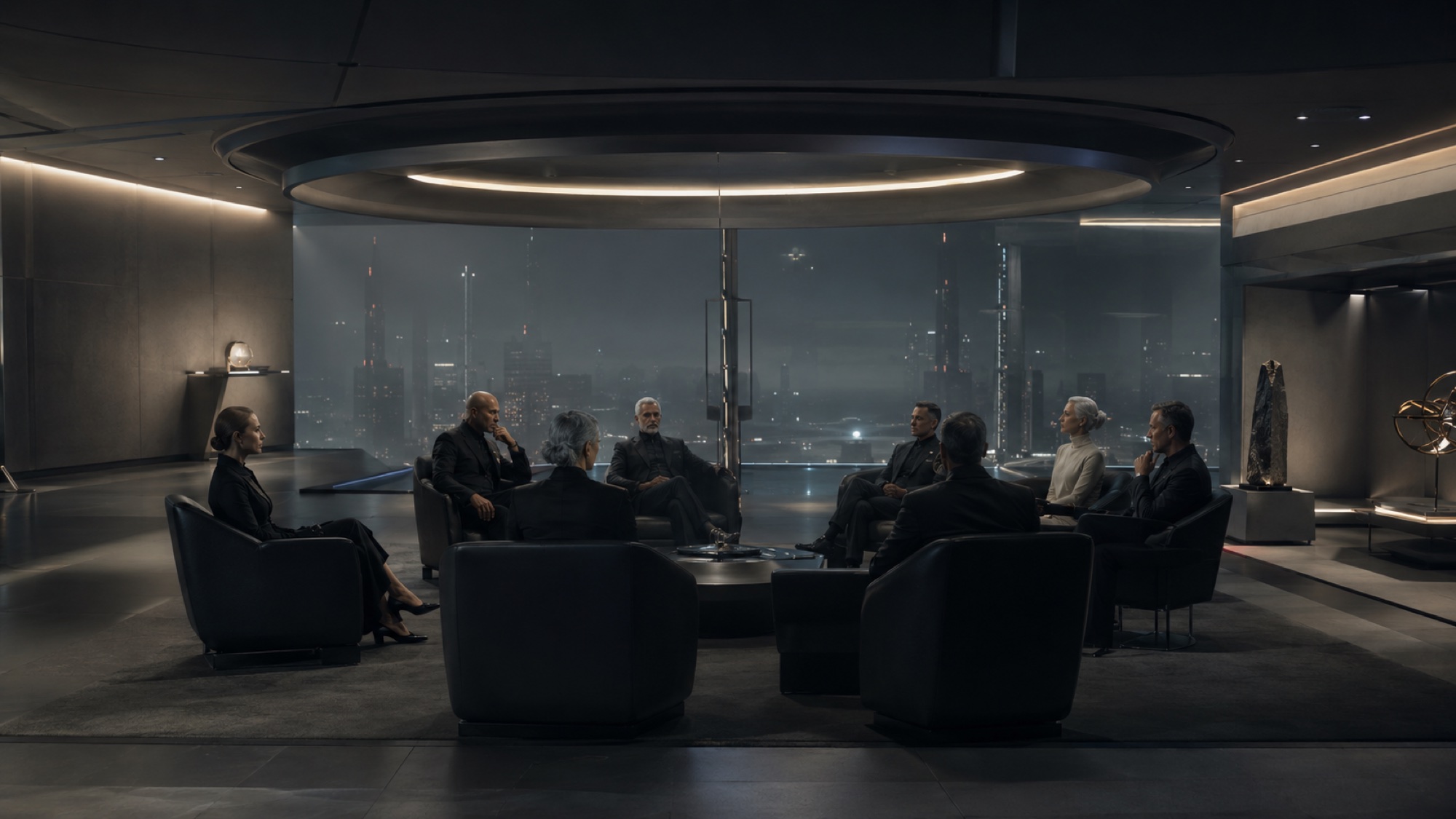 Caretakers of the Reconstructed Order meeting privately in a dark council room