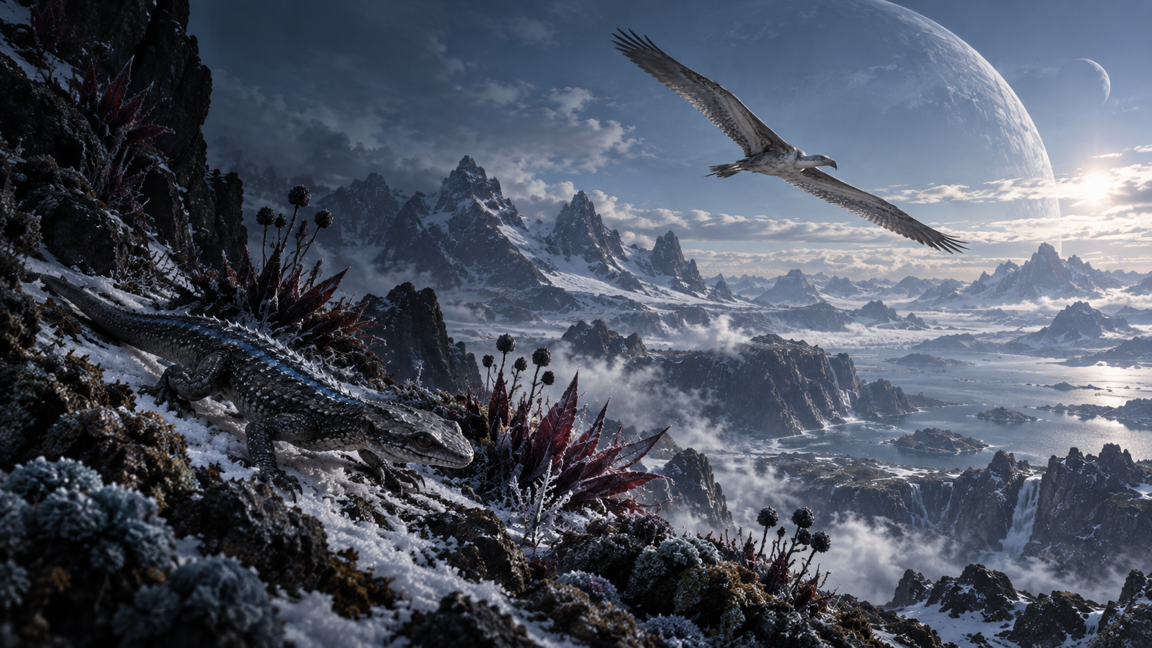 A Frostläufer in snow and a Greifensegler soaring above an alien landscape