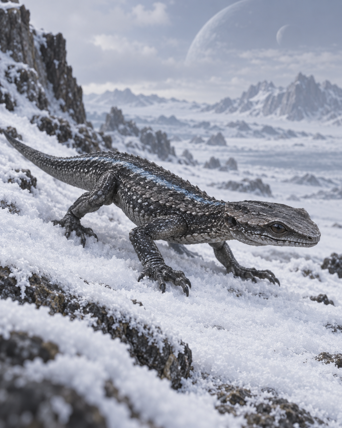 Small dark-grey Frostläufer with a flattened head and narrow blue dorsal stripe, standing in snow