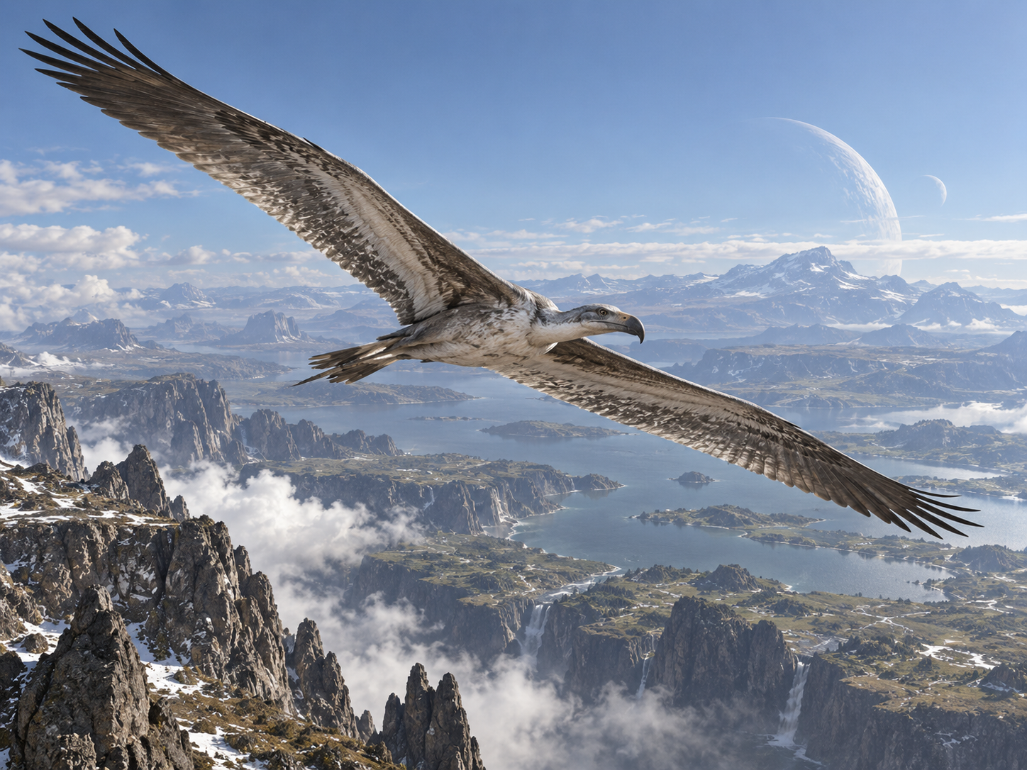 Greifensegler soaring on long outstretched wings above an alien landscape