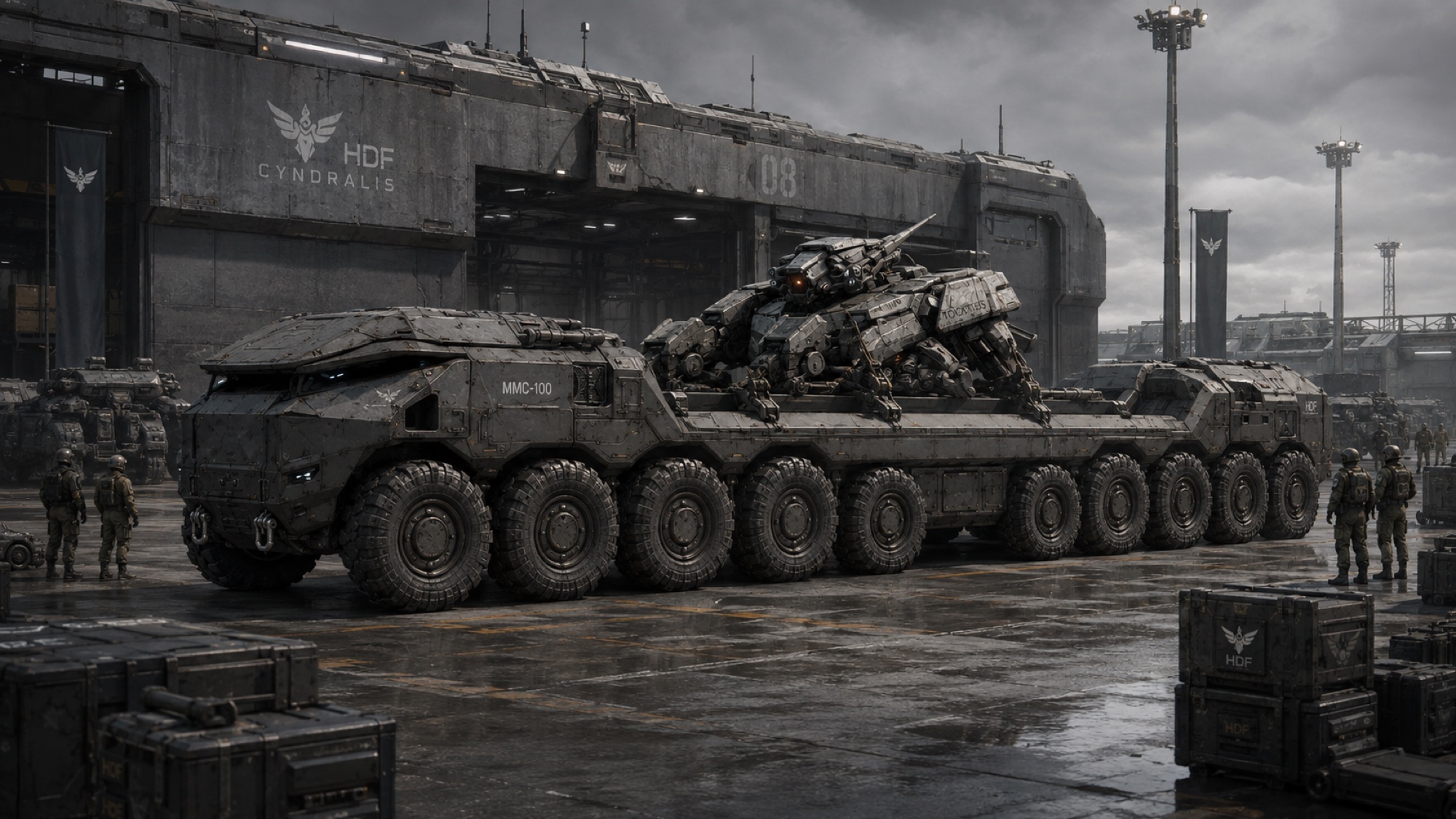 MMC-100 Mobile Mech Carrier transporting two Mechs