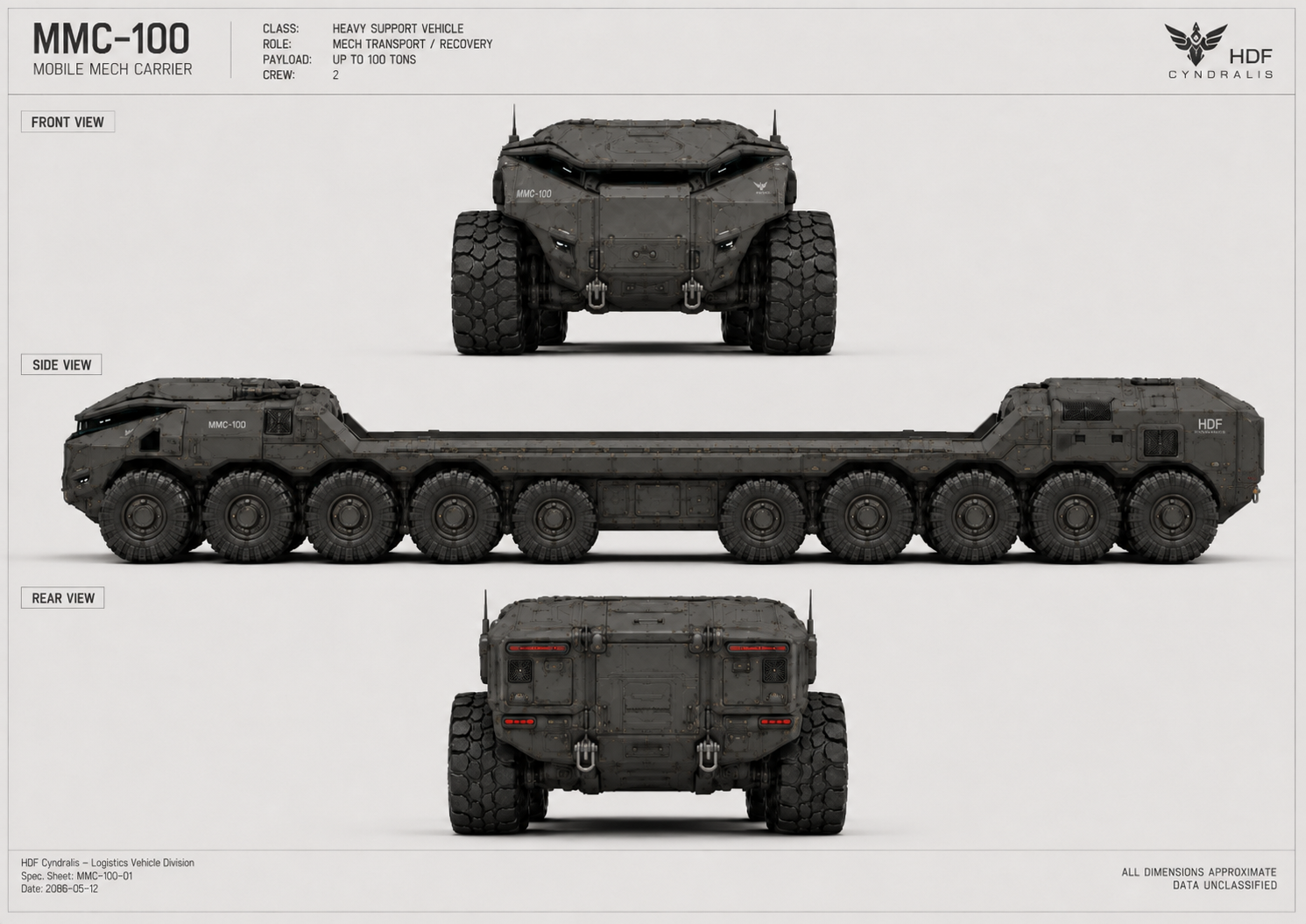 MMC-100 parked with its continuous transport deck empty at a major staging area