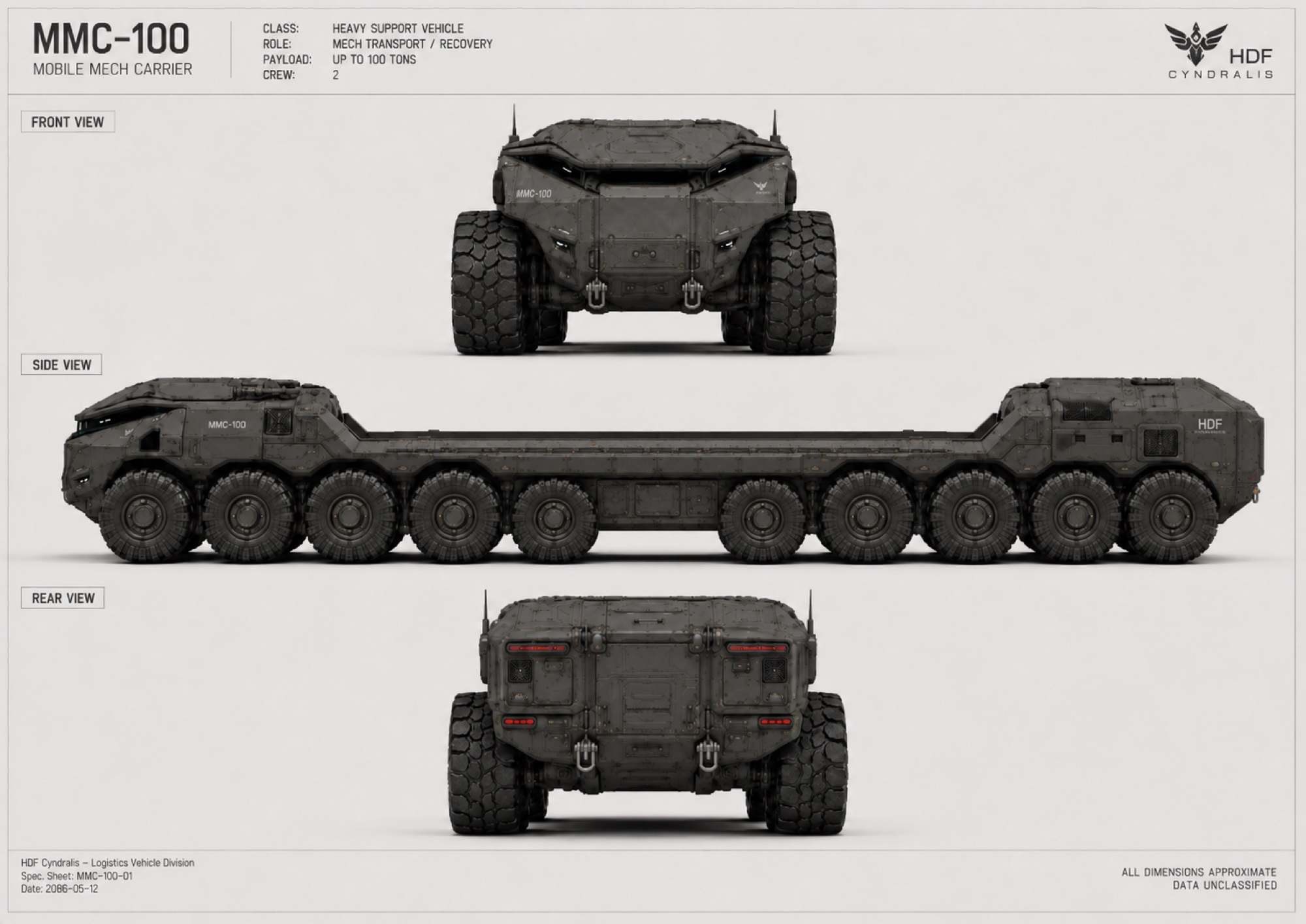 MMC-100 parked with its continuous transport deck empty at a major staging area
