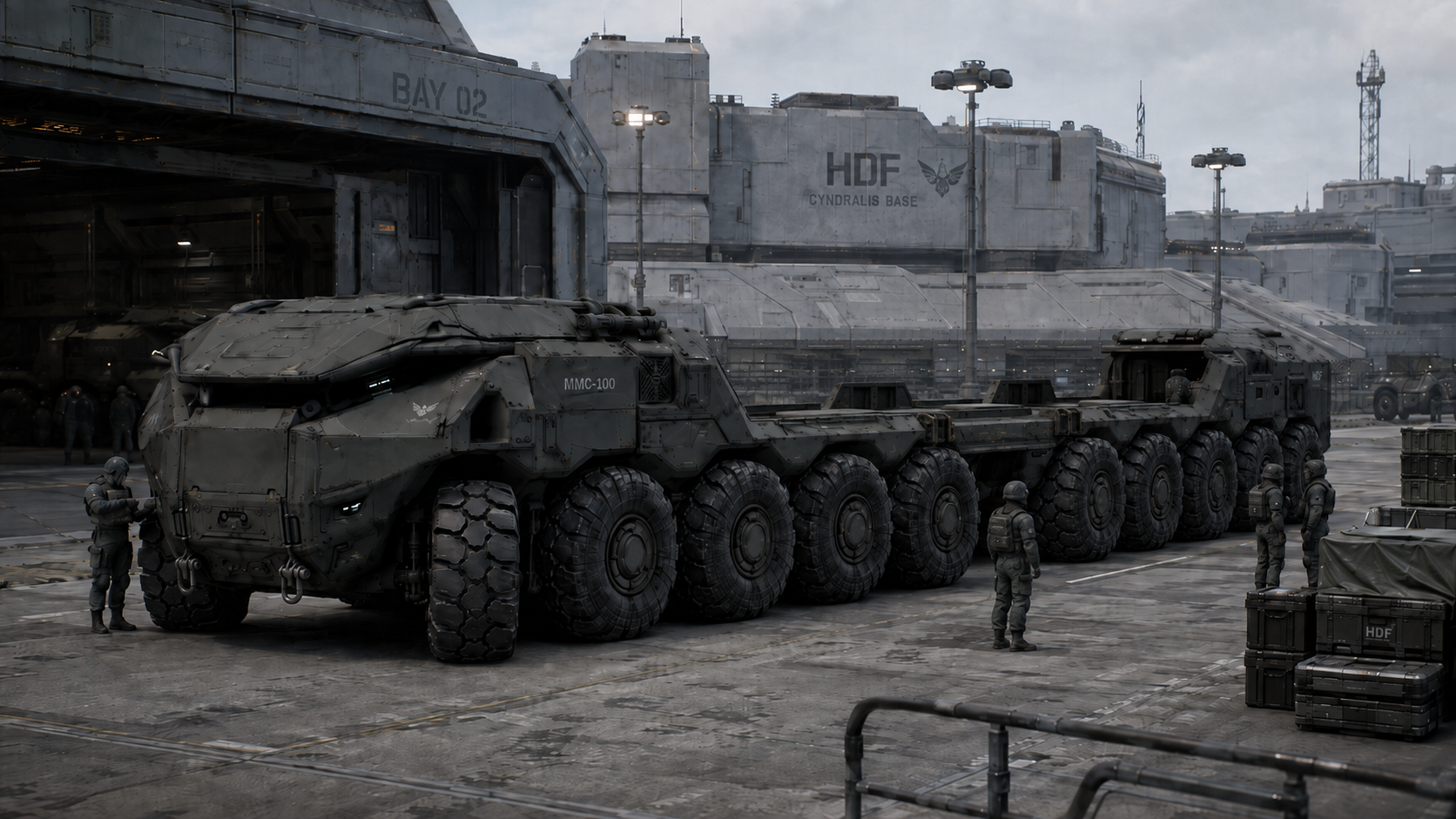 MMC-100 transporting two Mechs in compact transport posture through a mountain corridor
