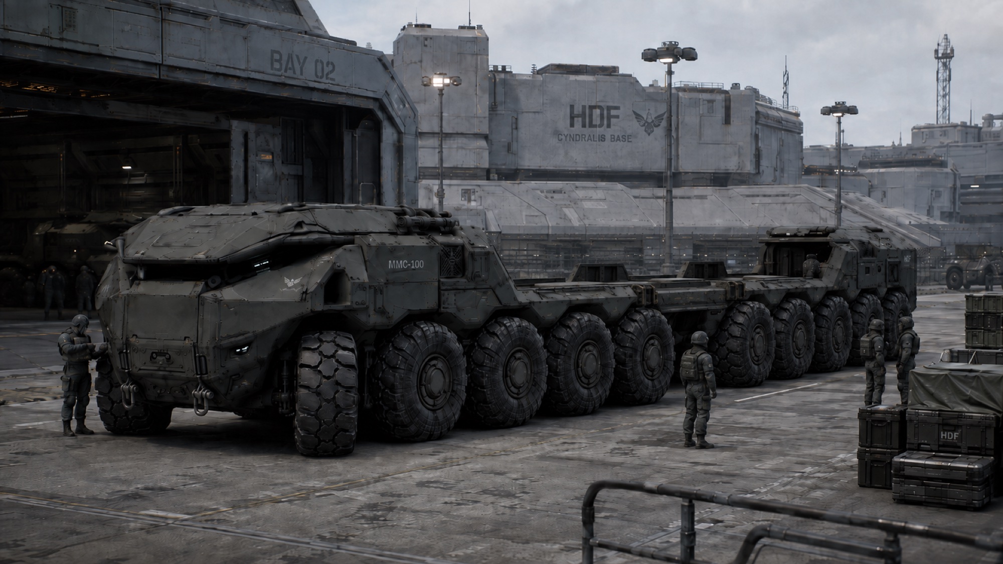 MMC-100 transporting two Mechs in compact transport posture through a mountain corridor