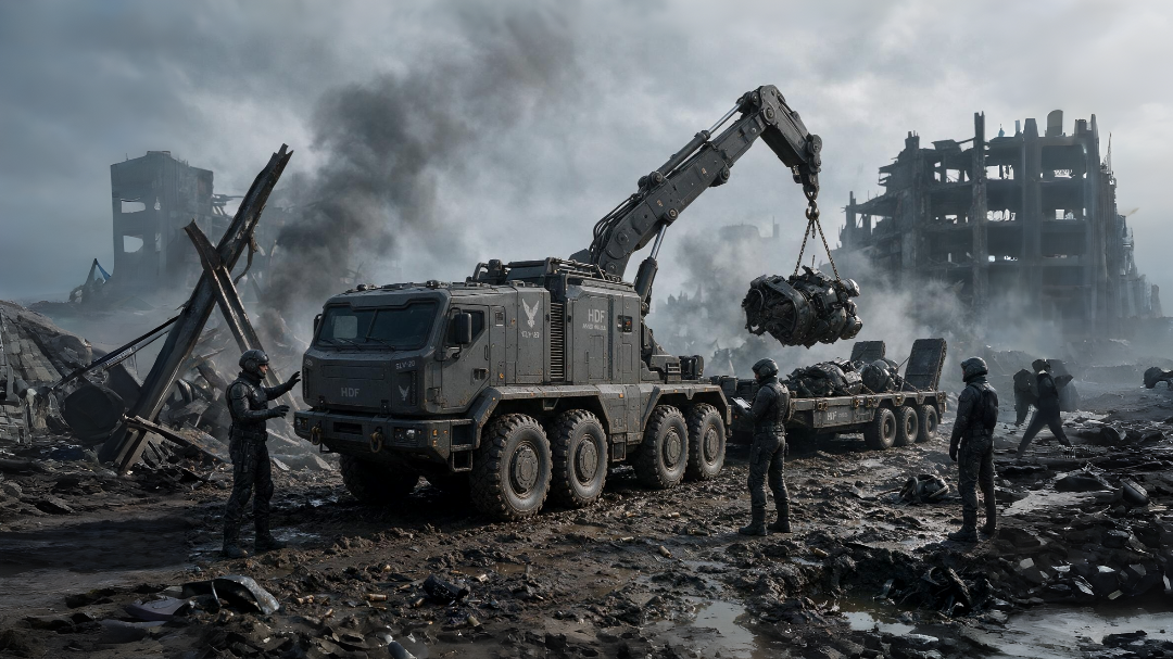 SLV-20 Specialized Logistics and Salvage Vehicle operating in a field recovery zone