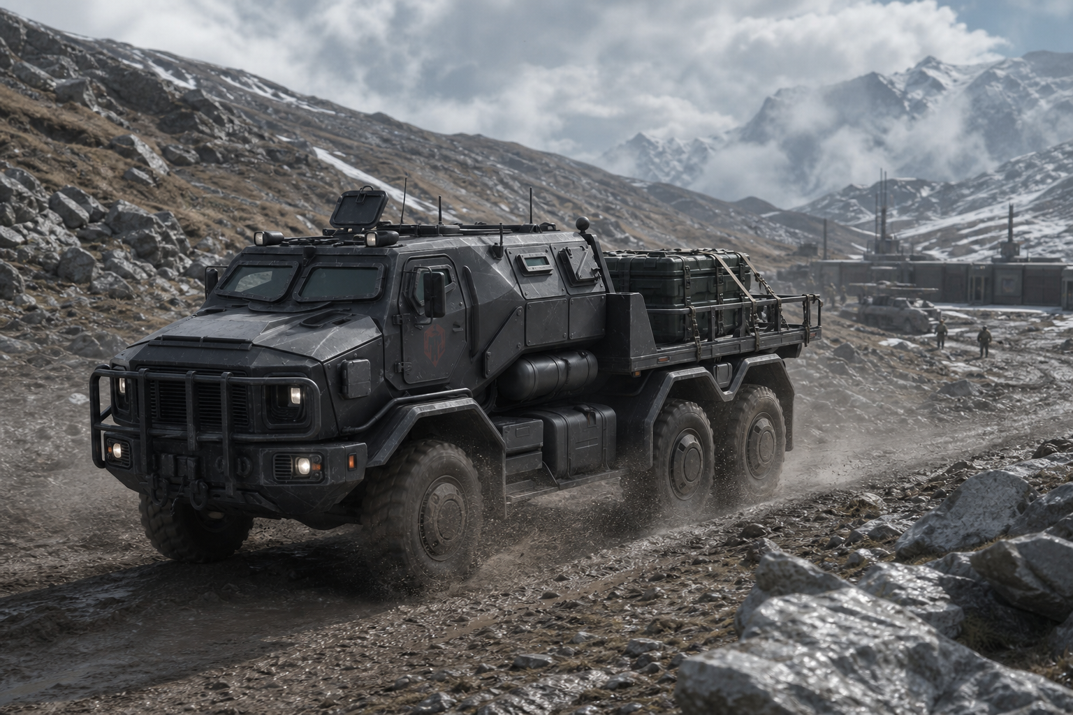 TUC-5 carrying secured equipment across broken mountain terrain
