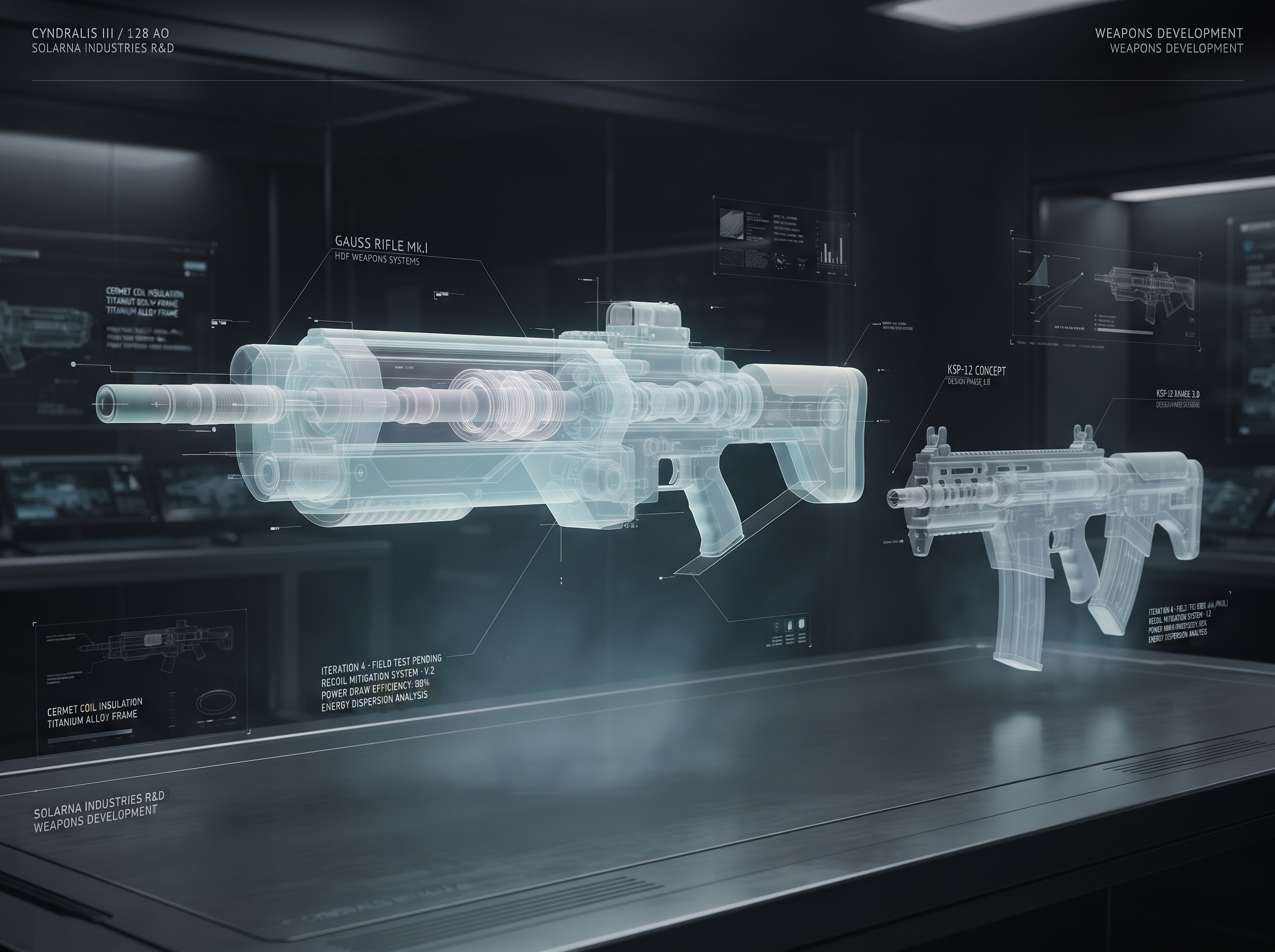 Holographic weapons development display showing Gauss Rifle and KSP-12 concepts
